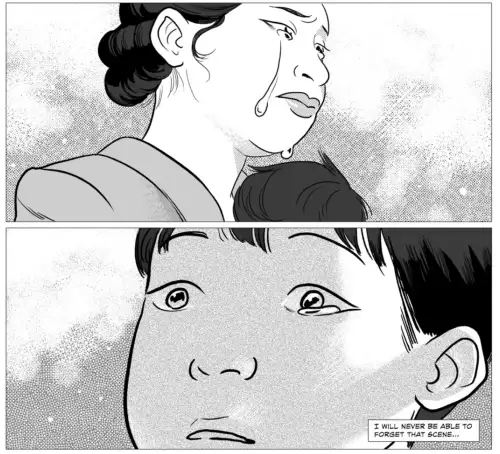 George's mother is crying, and he looks at her.