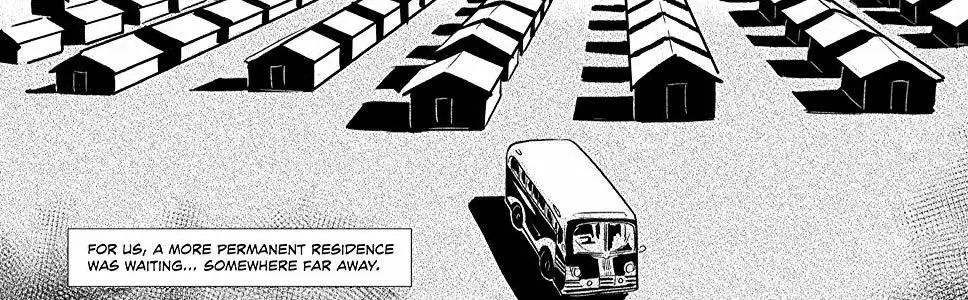 A bird's eye view of the camp, with detailed drawing of that contrasts with characters